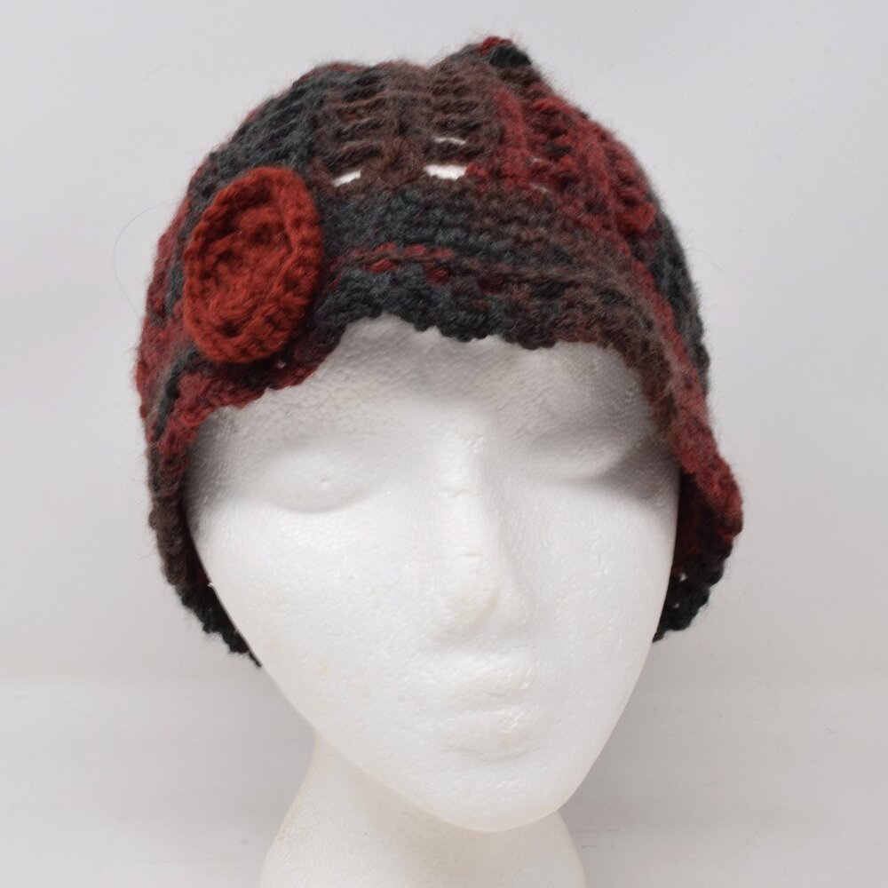 Crochet Beanie Women Rosette Open Knit Winter Bucket Hat Cottagecore Handmade